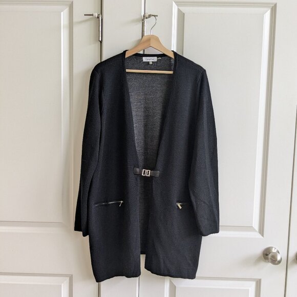 Calvin Klein Sweaters - Calvin Klein Cardigan Women 1X Black Open Front Buckle Wool Blend Sweater Jacket